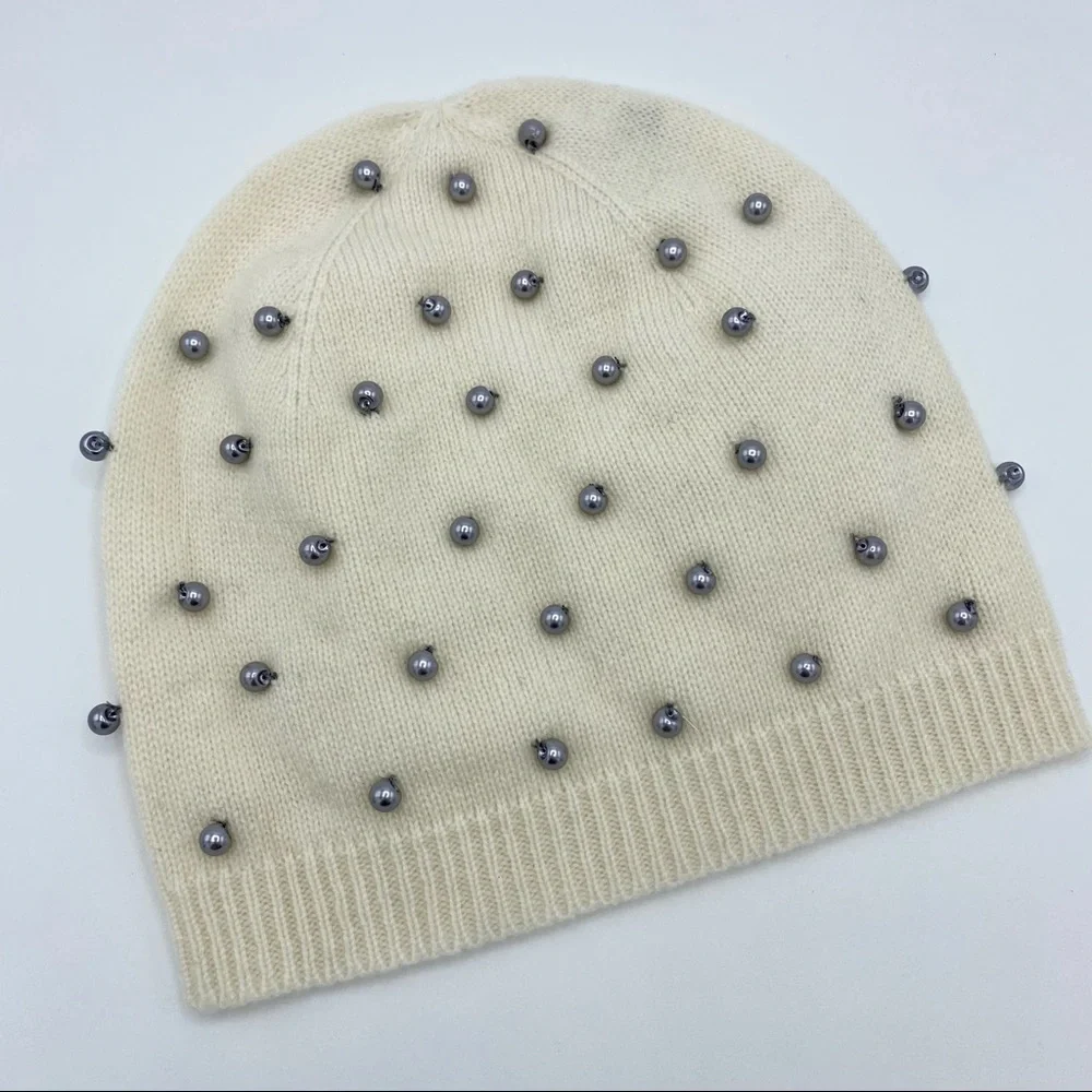 Quinn Cream Grey Pearl Trim Cashmere Beanie